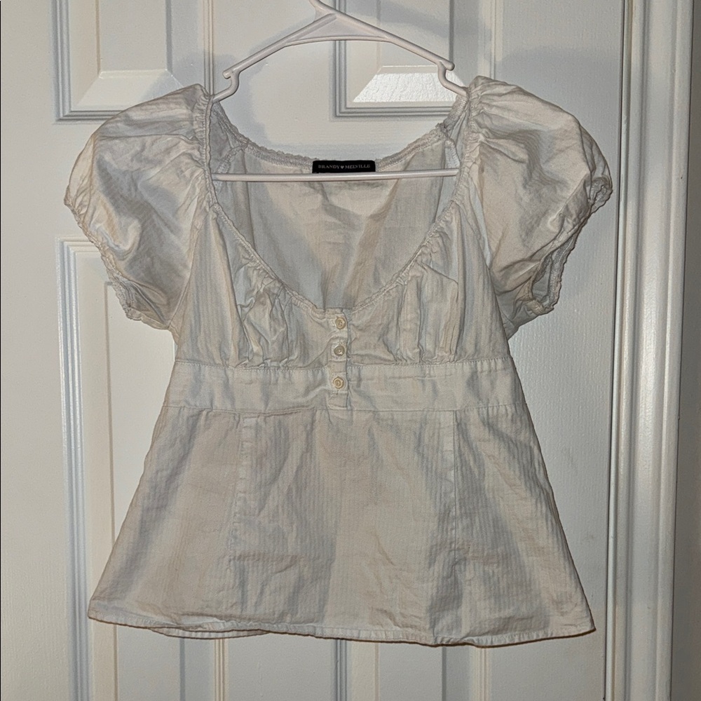Brandy Melville White Puff-Sleeve Button-Front Peplum Top